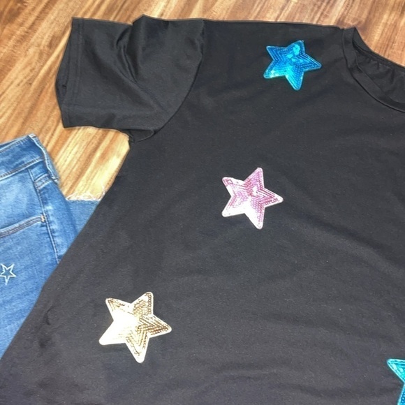 Shein womens XL tshirt top black Sequin star appliqué design basic short sleeve - Picture 2 of 5
